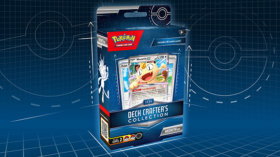 Pokémon TCG Deck Crafter's Collection box with Meowth ex card on a blue grid background