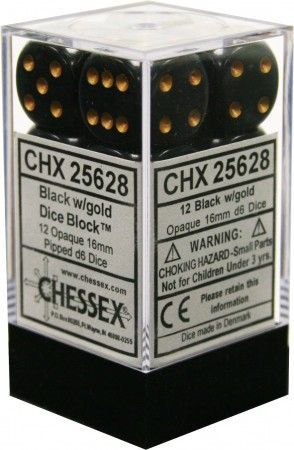 Opaque: 16mm D6 Black/Gold (12)