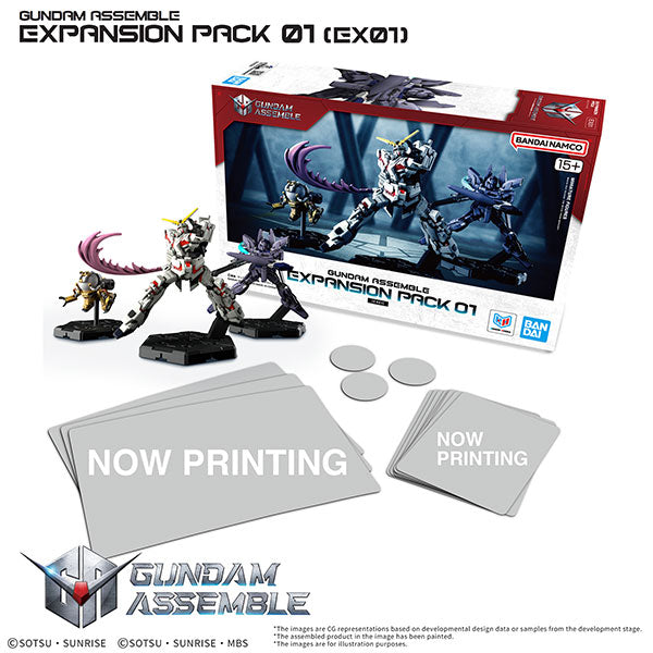 Gundam Assemble Expansion Pack 01 box with three Mobile Suit miniatures